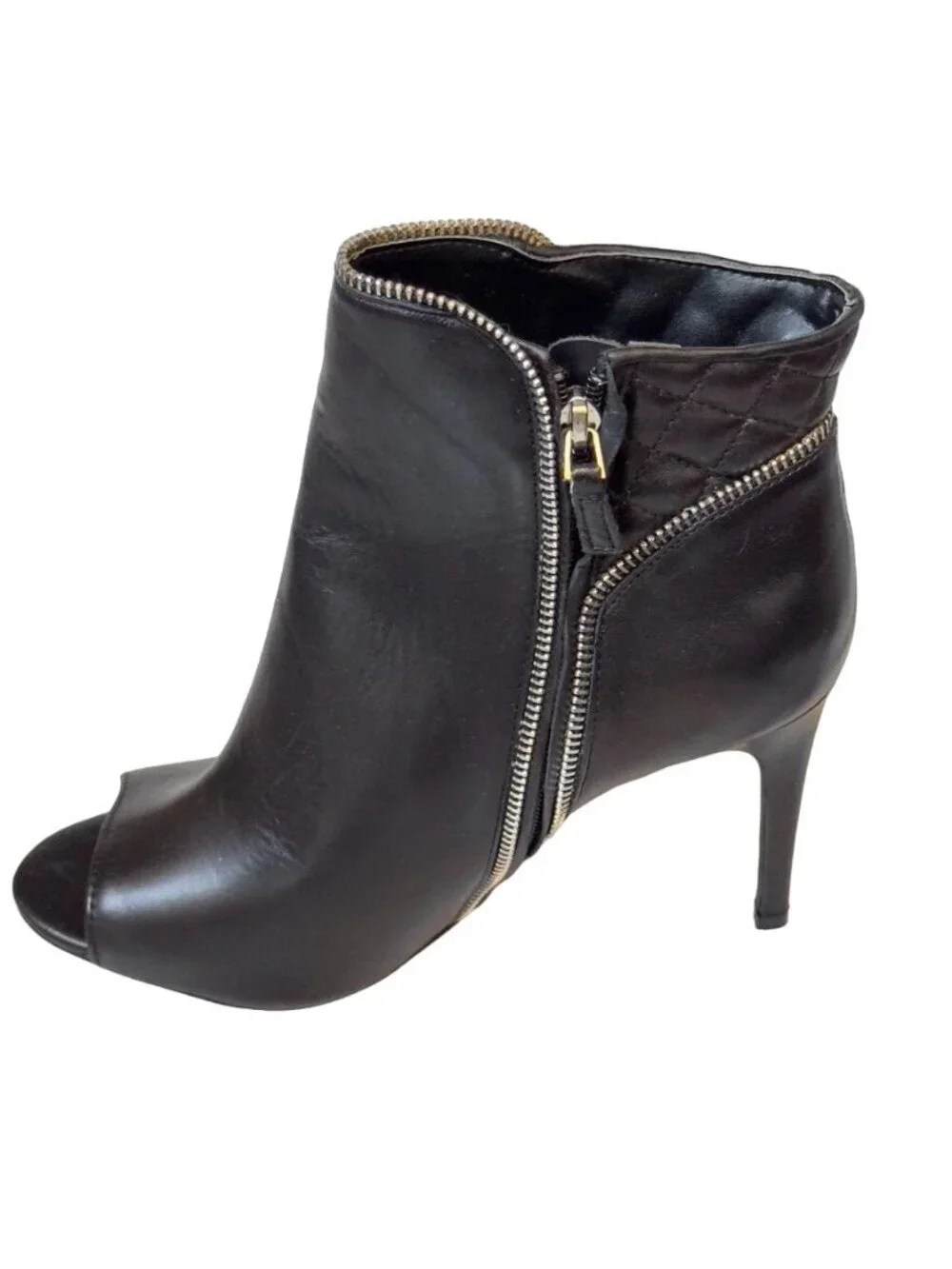 Halogen Black Leather Open-Toe Stiletto Ankle Boots With Zipper Detail Size 8M